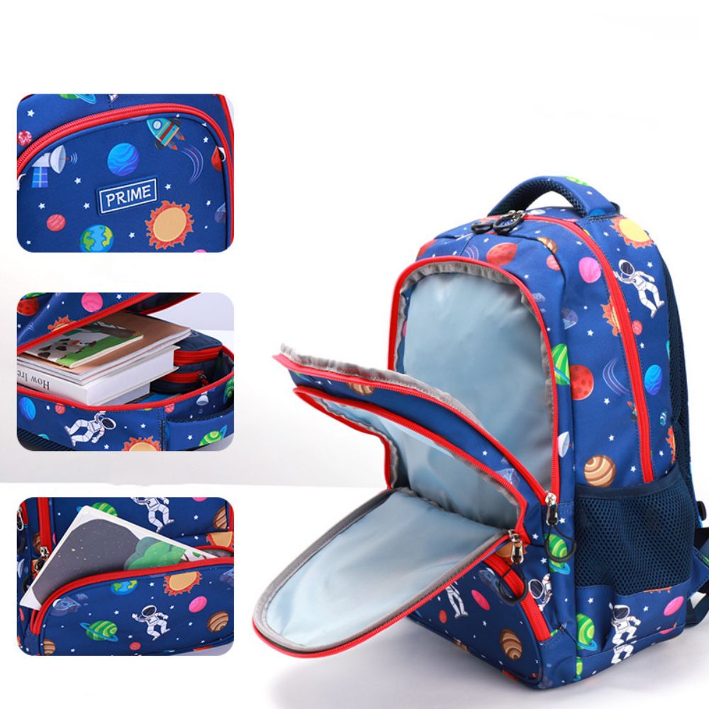 Rainbow Astronaut preschool backpack shown to scale – compact, lightweight design for small shoulders