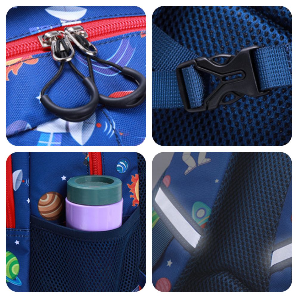 Durable zip and soft adjustable strap detail on Rainbow Astronaut kids school bag, easy-to-clean polyester