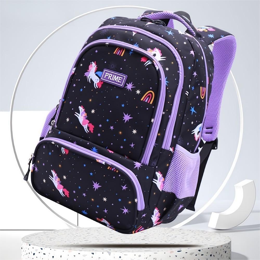 Rainbow Astronaut kids backpack rear view – soft adjustable shoulder straps and top carry handle for kindergarten