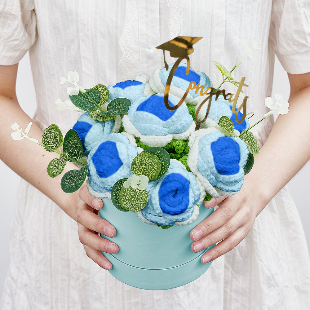 Handmade Crochet Roses Bouquet in Bucket - Personalised Knitted Gift for Birthdays & Graduations