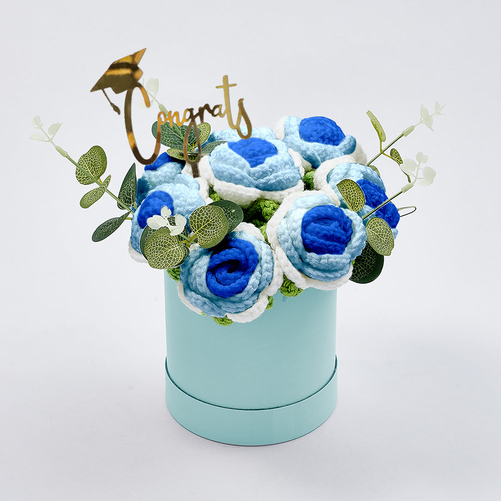 Handmade Crochet Roses Bouquet in Bucket - Personalised Knitted Gift for Birthdays & Graduations