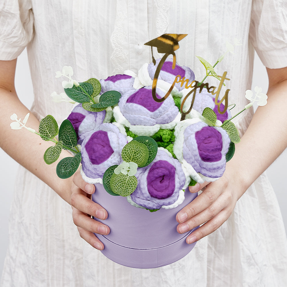 Handmade Crochet Roses Bouquet in Bucket - Personalised Knitted Gift for Birthdays & Graduations