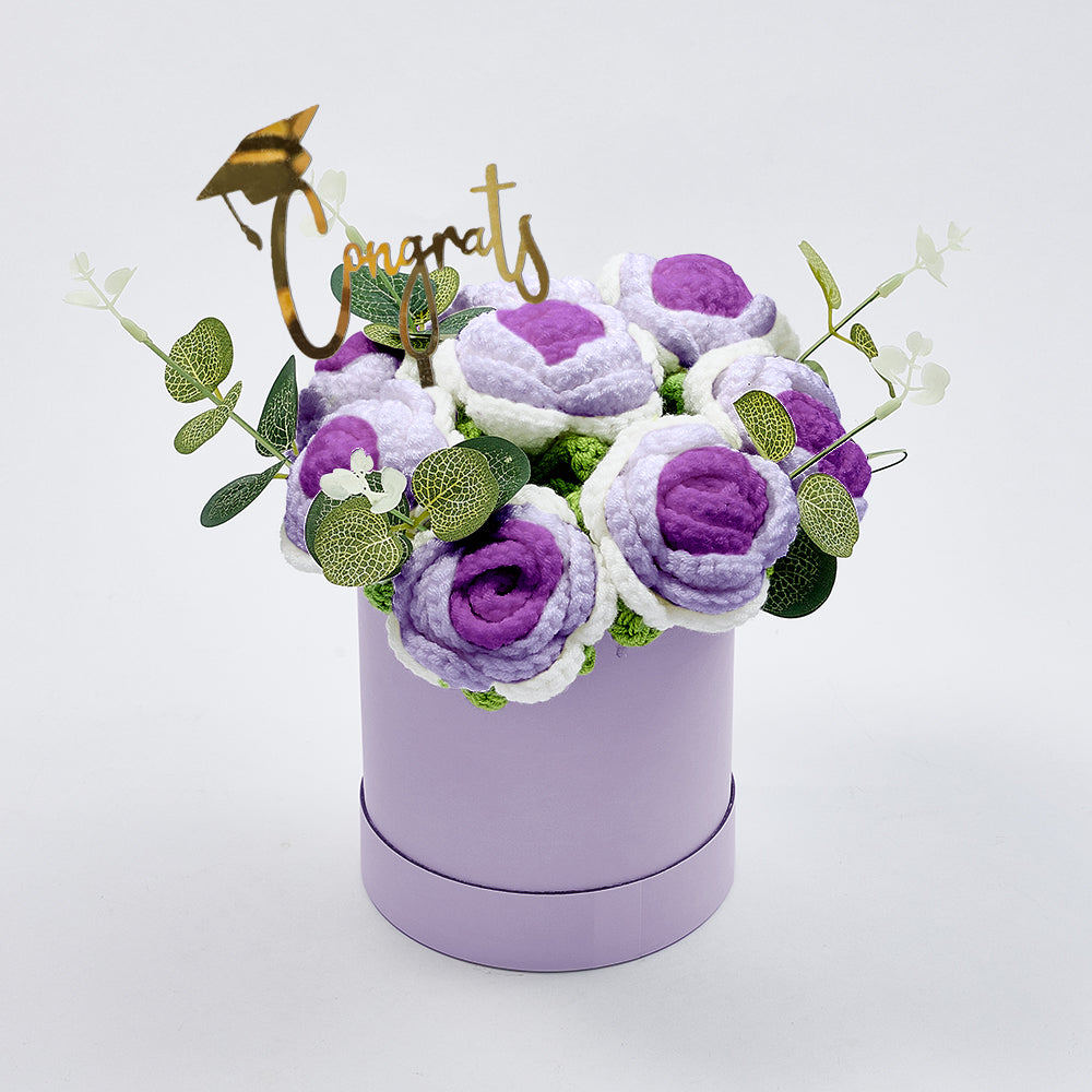 Handmade Crochet Roses Bouquet in Bucket - Personalised Knitted Gift for Birthdays & Graduations