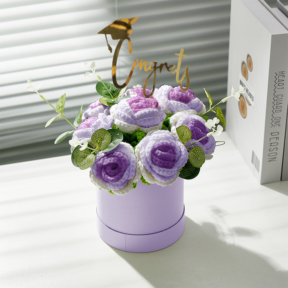 Handmade Crochet Roses Bouquet in Bucket - Personalised Knitted Gift for Birthdays & Graduations