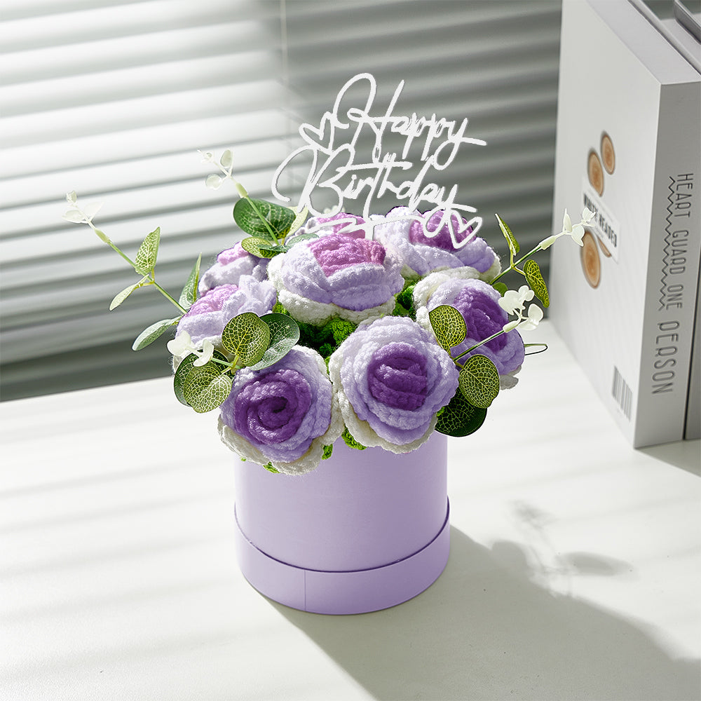 Handmade Crochet Roses Bouquet in Bucket - Personalised Knitted Gift for Birthdays & Graduations