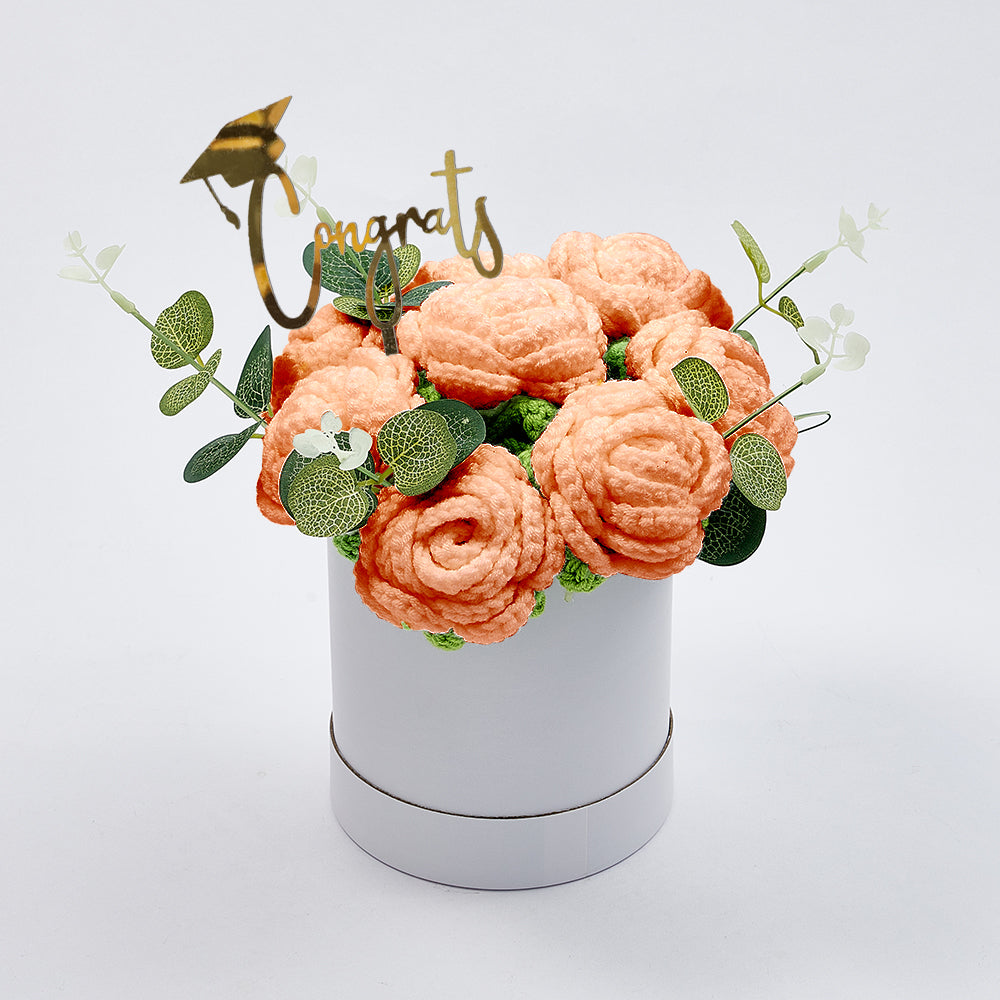 Handmade Crochet Roses Bouquet in Bucket - Personalised Knitted Gift for Birthdays & Graduations
