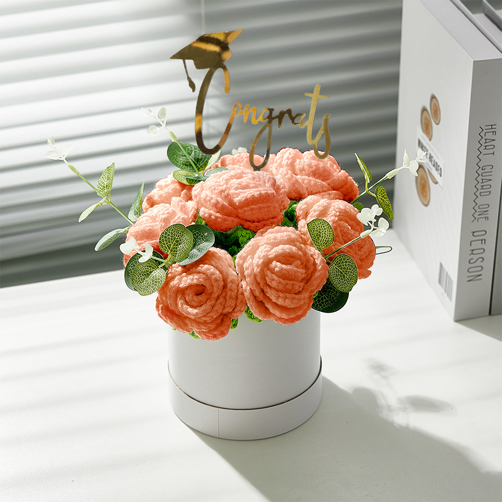Handmade Crochet Roses Bouquet in Bucket - Personalised Knitted Gift for Birthdays & Graduations