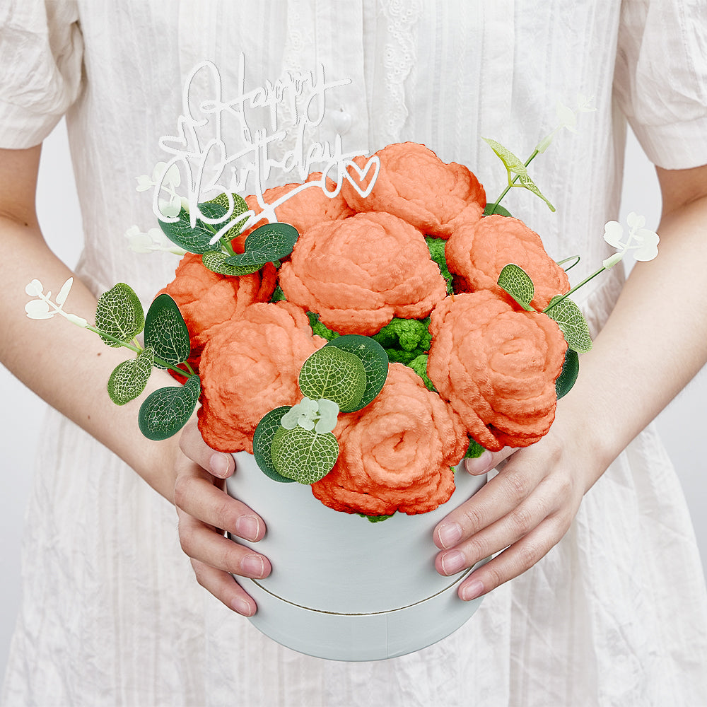 Handmade Crochet Roses Bouquet in Bucket - Personalised Knitted Gift for Birthdays & Graduations