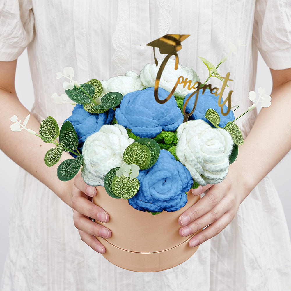 Handmade Crochet Roses Bouquet in Bucket - Personalised Knitted Gift for Birthdays & Graduations