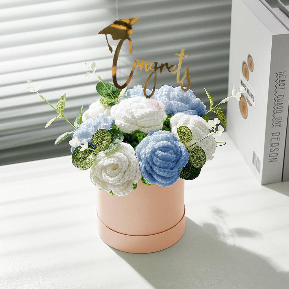 Handmade Crochet Roses Bouquet in Bucket - Personalised Knitted Gift for Birthdays & Graduations