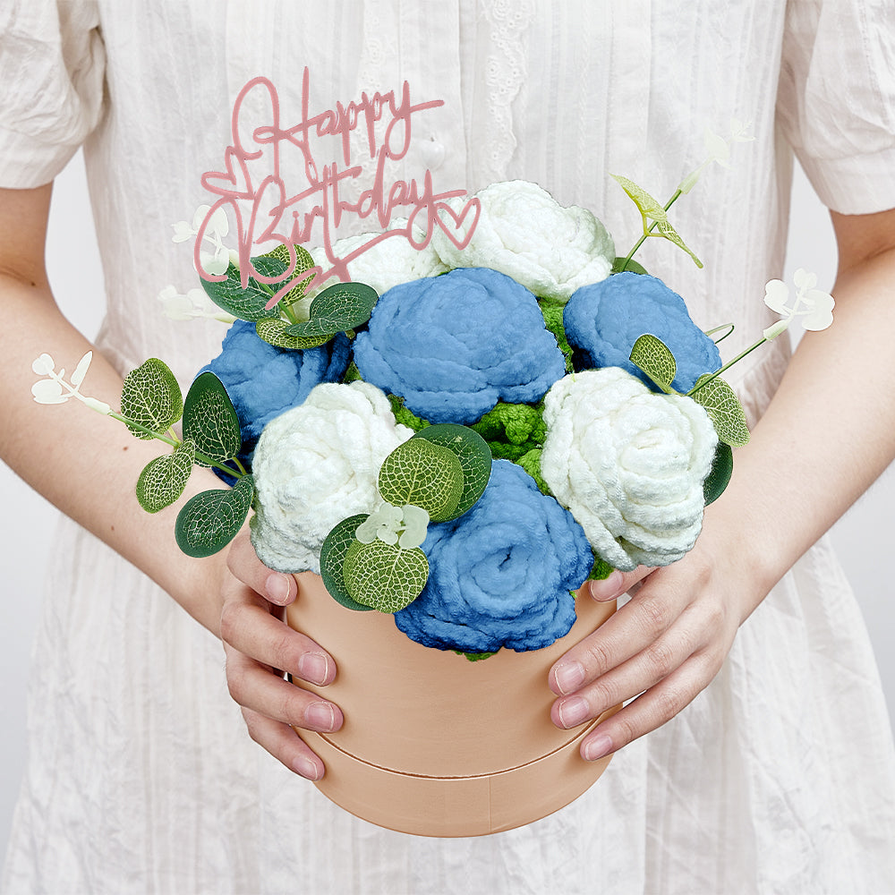 Handmade Crochet Roses Bouquet in Bucket - Personalised Knitted Gift for Birthdays & Graduations
