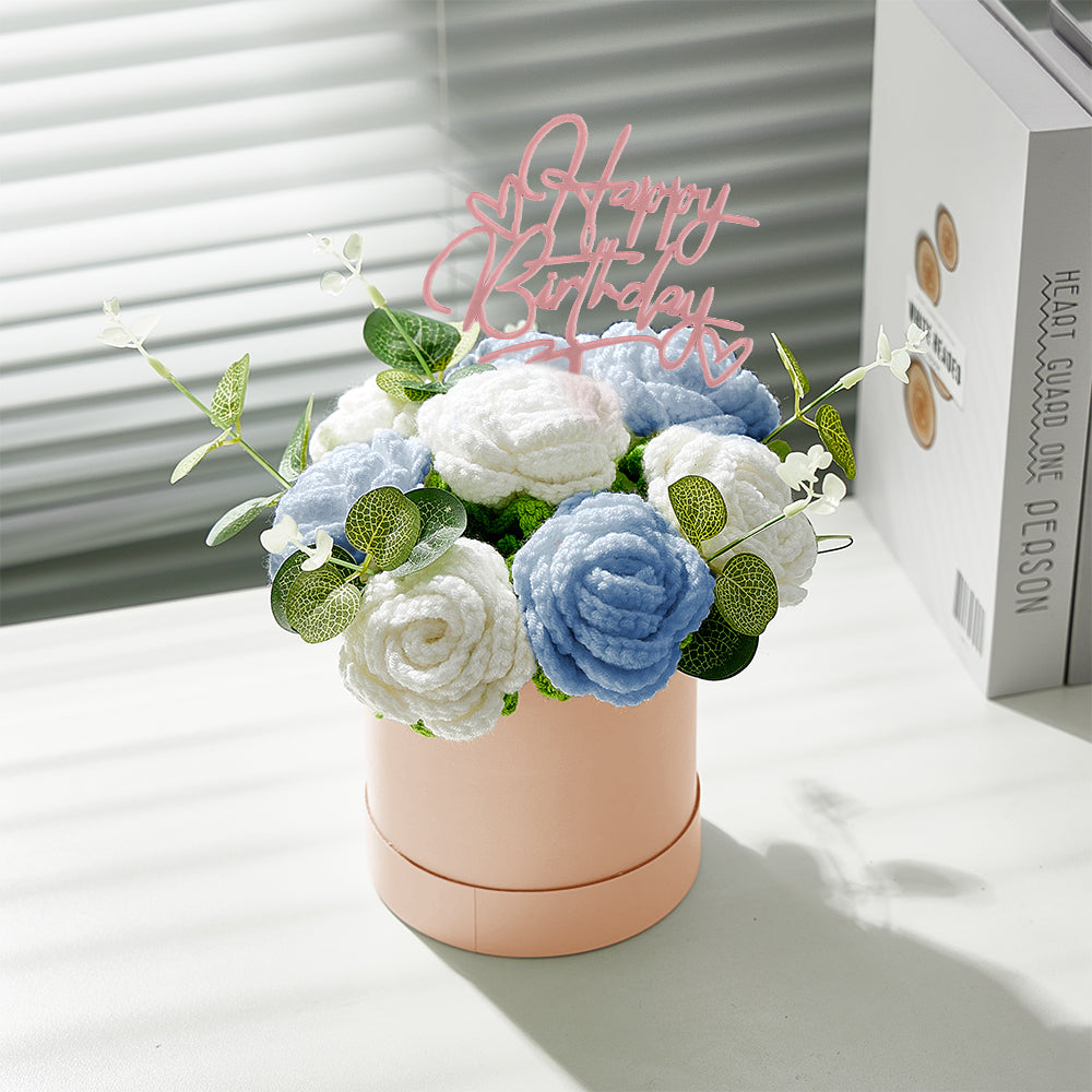 Handmade Crochet Roses Bouquet in Bucket - Personalised Knitted Gift for Birthdays & Graduations