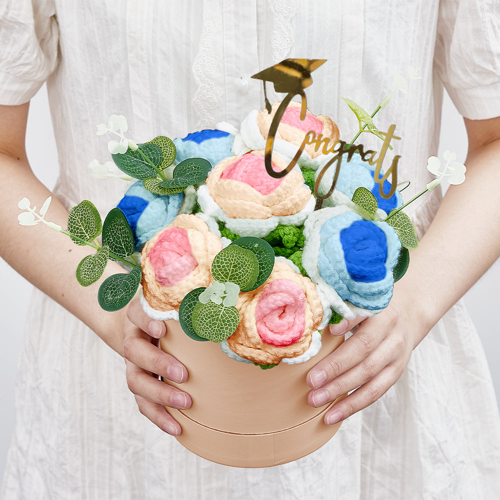 Handmade Crochet Roses Bouquet in Bucket - Personalised Knitted Gift for Birthdays & Graduations