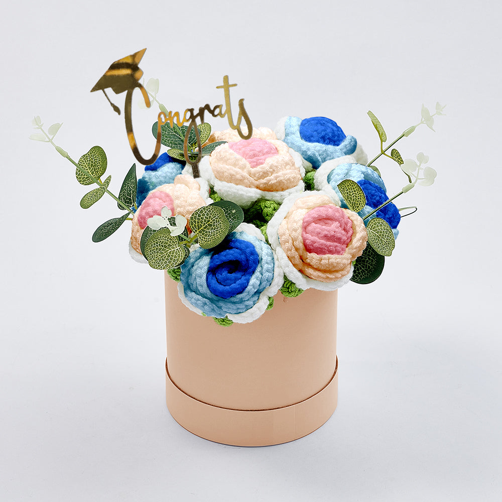 Handmade Crochet Roses Bouquet in Bucket - Personalised Knitted Gift for Birthdays & Graduations