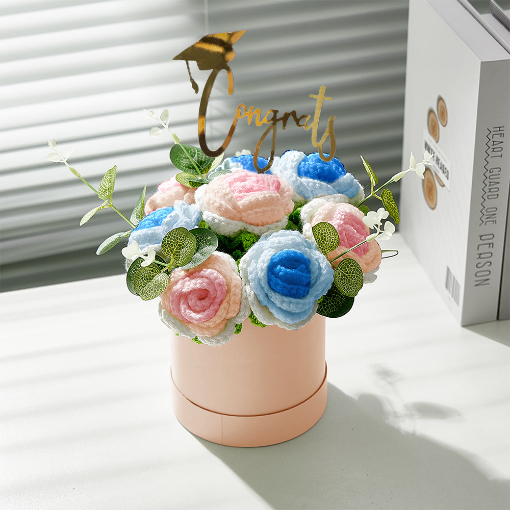 Handmade Crochet Roses Bouquet in Bucket - Personalised Knitted Gift for Birthdays & Graduations