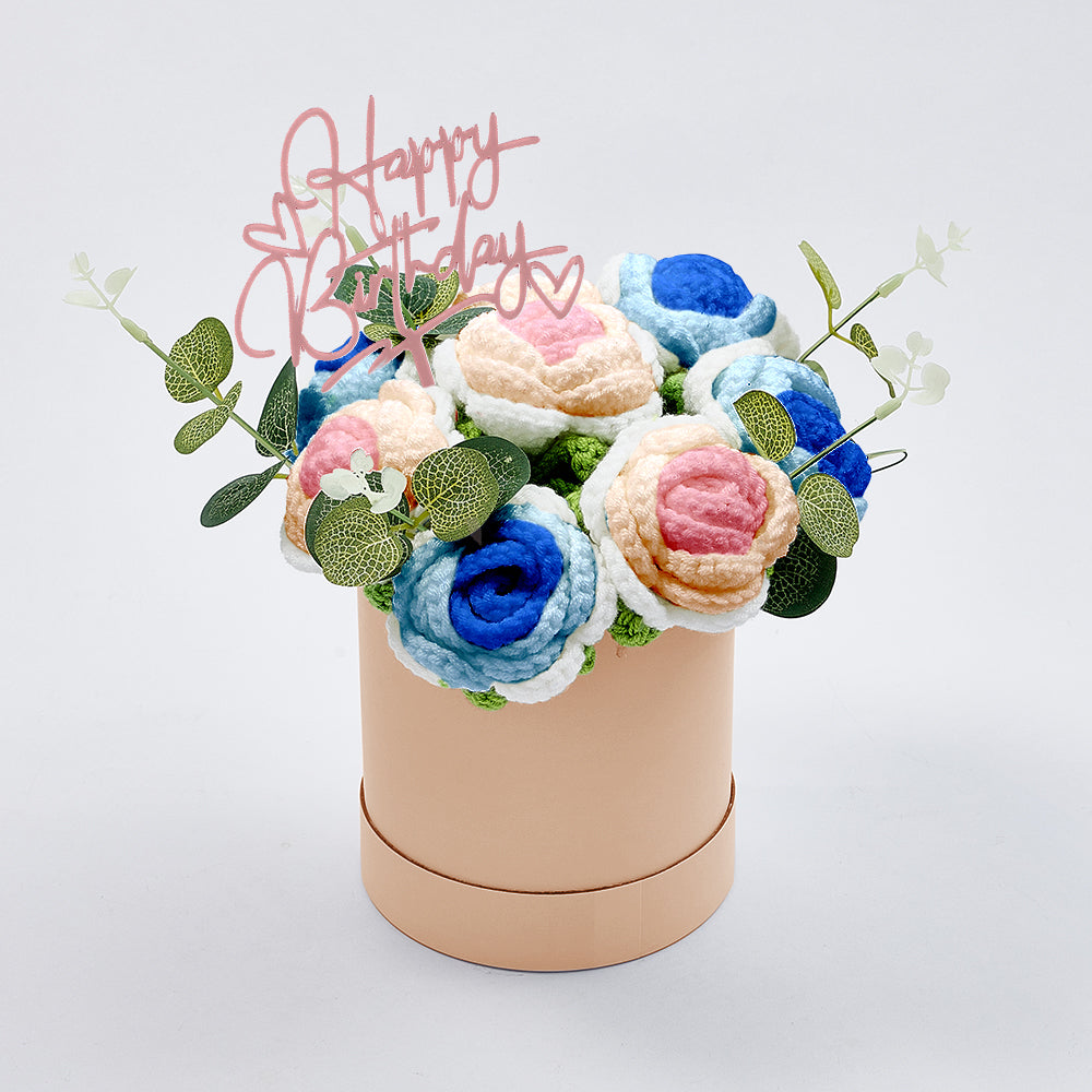 Handmade Crochet Roses Bouquet in Bucket - Personalised Knitted Gift for Birthdays & Graduations