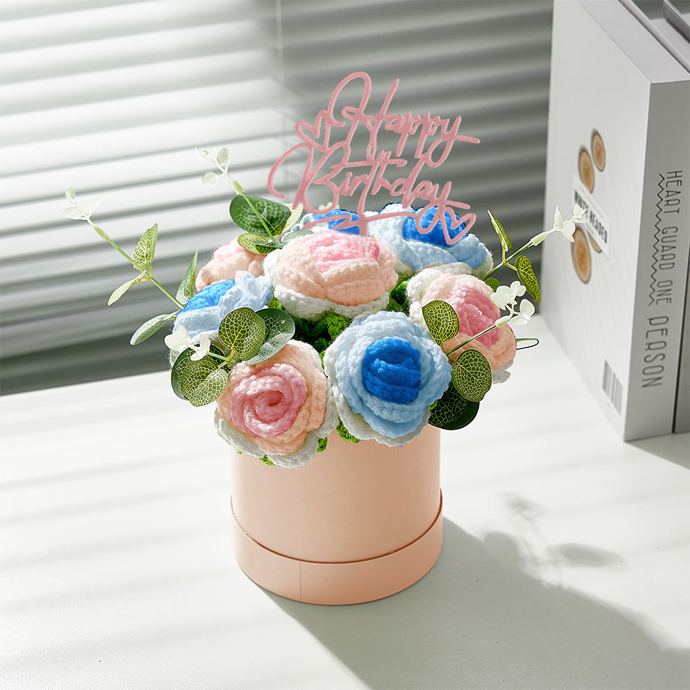 Handmade Crochet Roses Bouquet in Bucket - Personalised Knitted Gift for Birthdays & Graduations