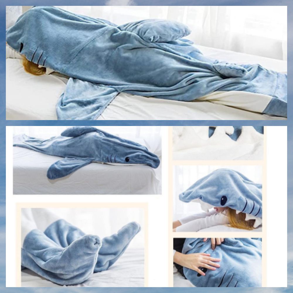 Shark sleeping bag hoodie showing full leg and foot wrap — wearable shark blanket for full‑body warmth
