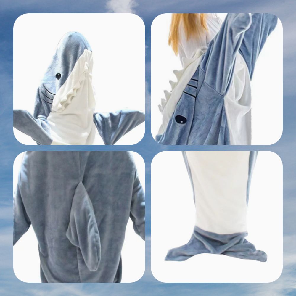 Close‑up of realistic shark hood and printed teeth on flannel shark onesie blanket — soft, durable fabric detail
