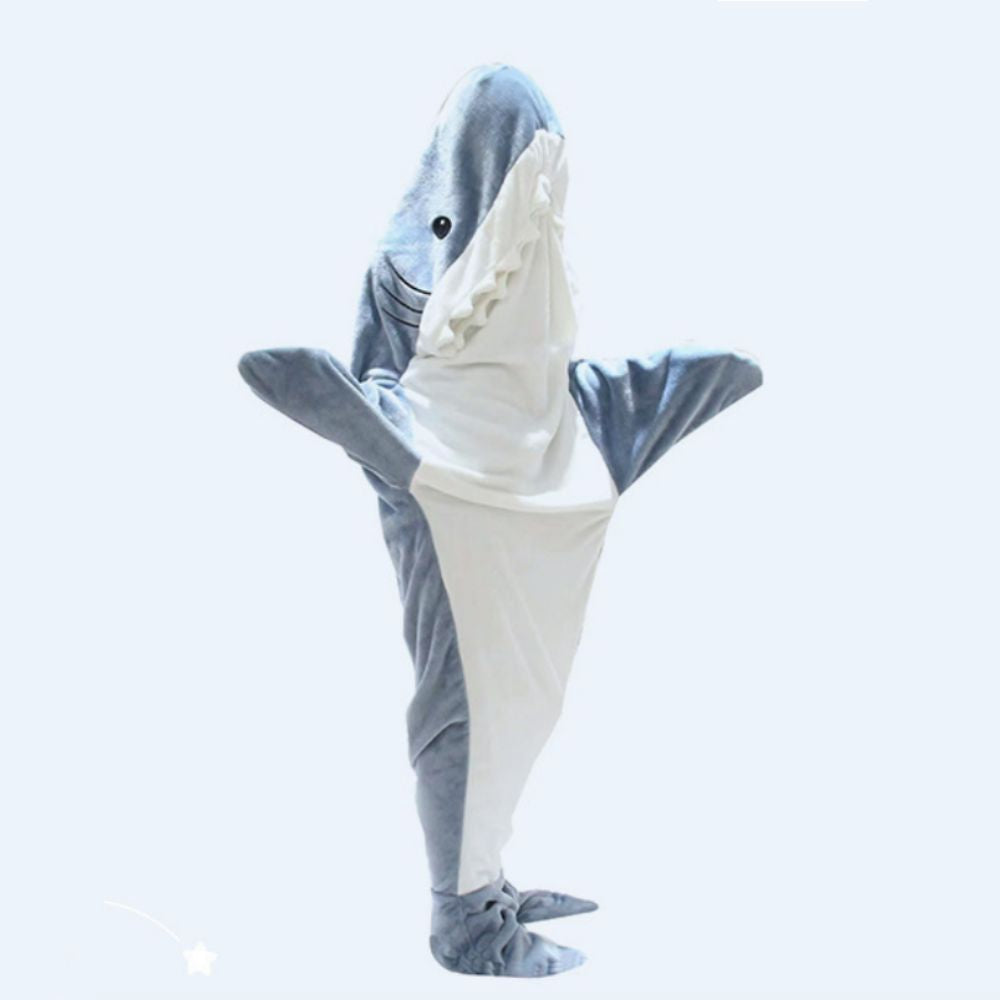 Back view of wearable shark blanket hoodie showing tail and fin — playful shark cosplay blanket and cosy loungewear