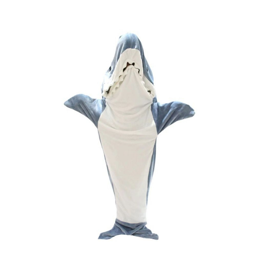 Folded shark onesie blanket in classic shark tones — lightweight, warm flannel wearable blanket for gifting