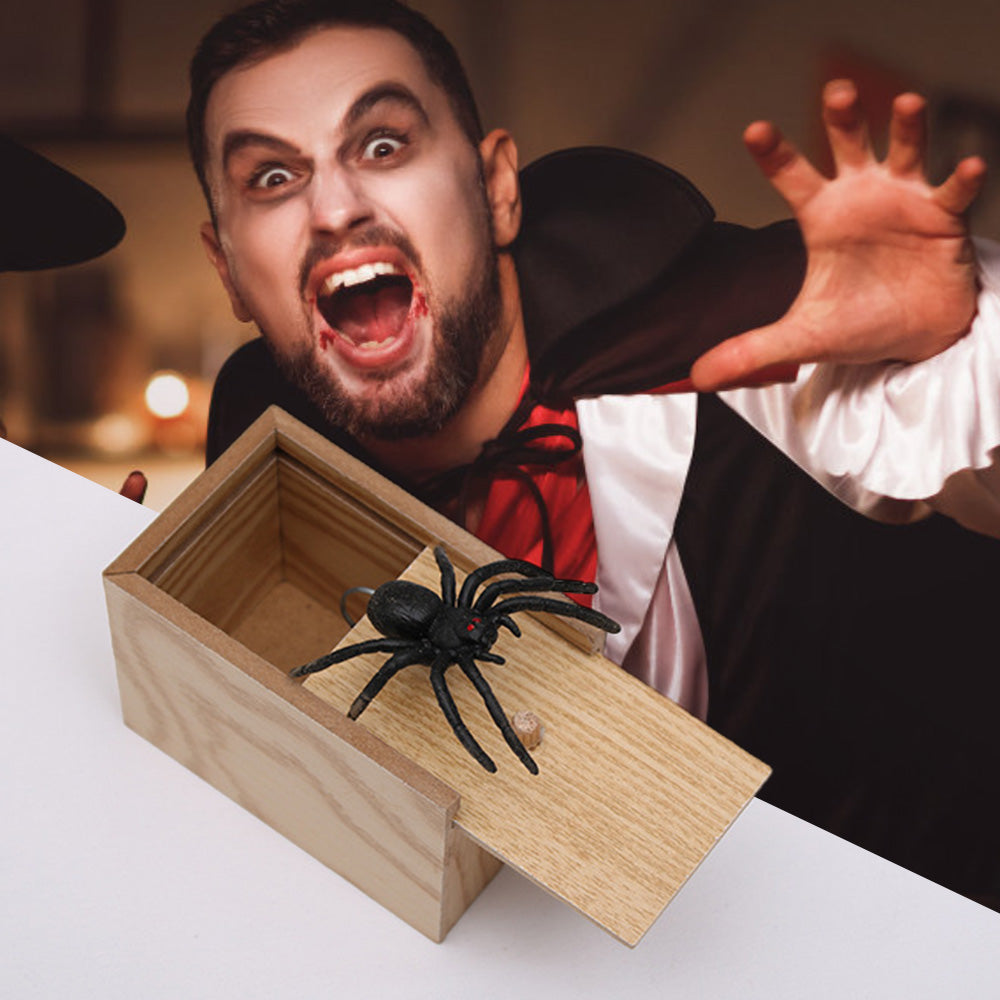 Halloween Prank Box – premium wooden spider scare box on white background, perfect wooden joke gift and gag for Halloween