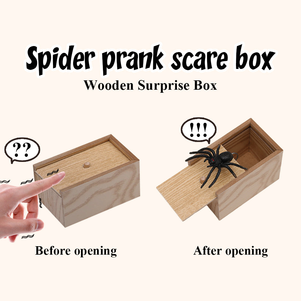 Spring‑loaded spider popping from wooden prank box, dramatic spider scare action shot for Halloween prank and gag gift