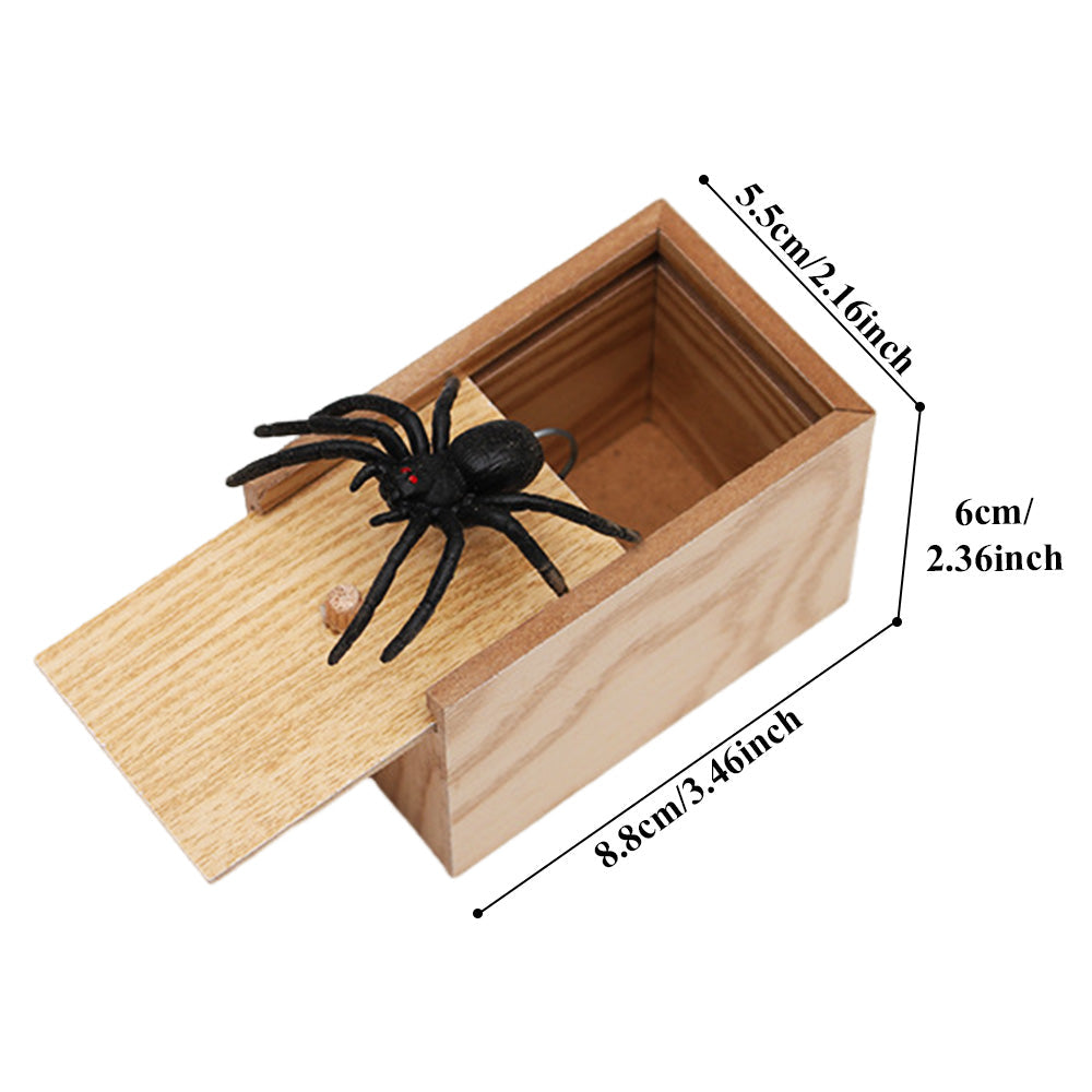 Close‑up of wooden Halloween prank box showing durable construction and reliable spring mechanism – ideal spider scare joke gift