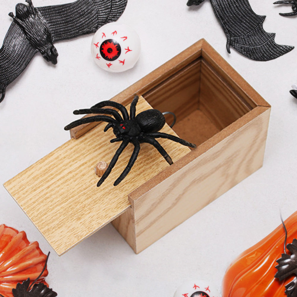 Halloween Prank Box – premium wooden spider scare box on white background, perfect wooden joke gift and gag for Halloween