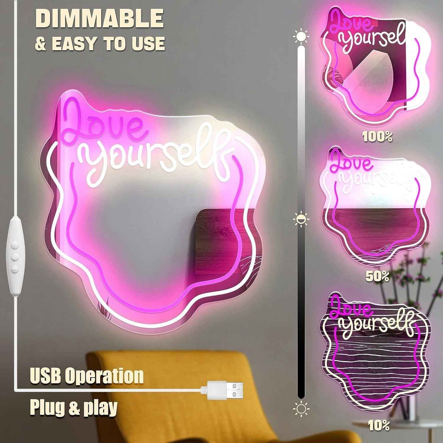 Love Yourself Mirror Light for Wall Wavy Neon Mirror LED Dimmable Light Gift for Her