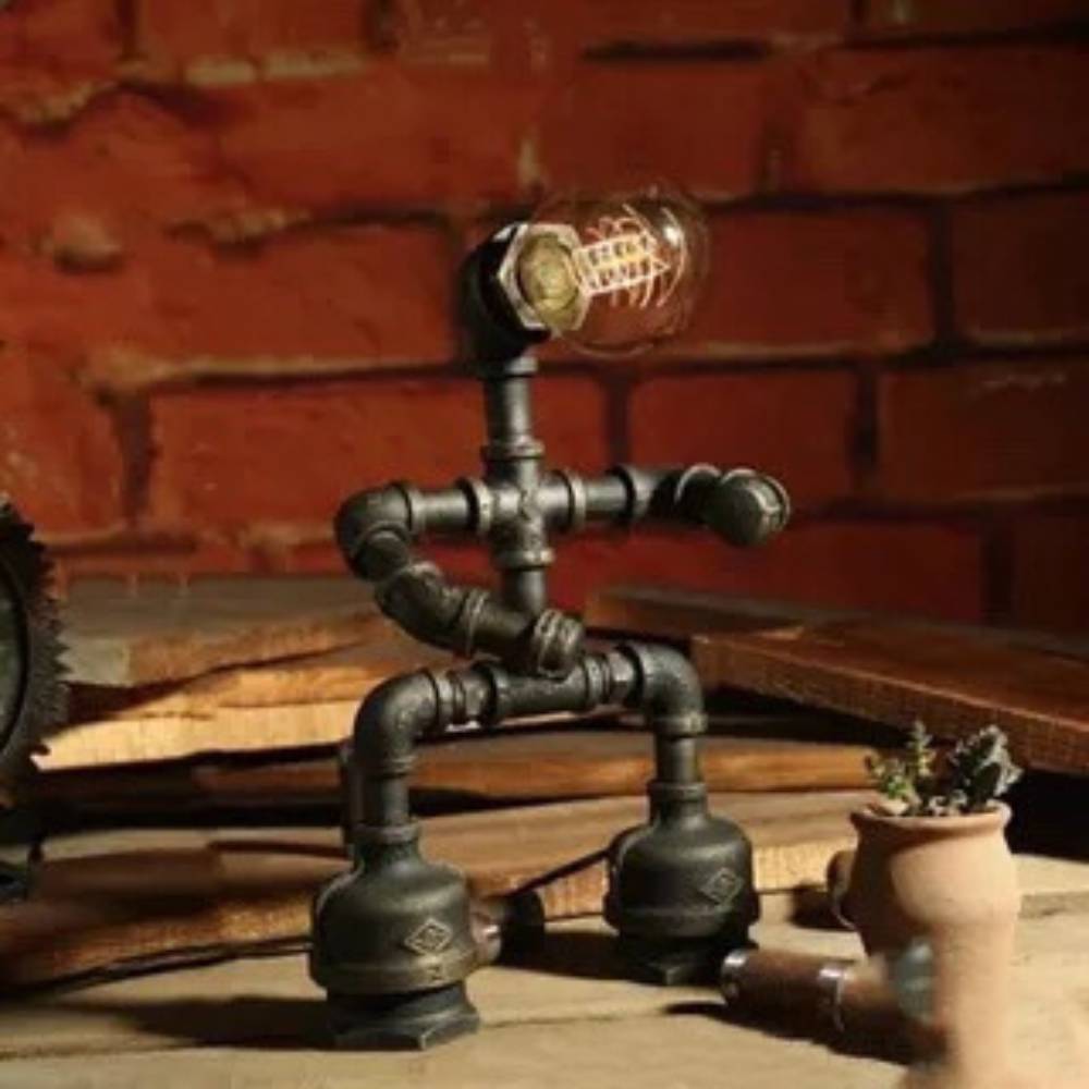 Retro Iron Pipe Robot Table Lamp - Adjustable Creative Bedside Light