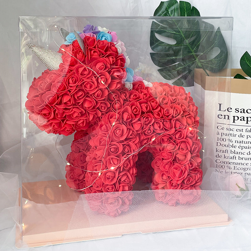 Close-up of rose petal texture on Rose Flower Unicorn – handmade PE foam detailing for a romantic keepsake