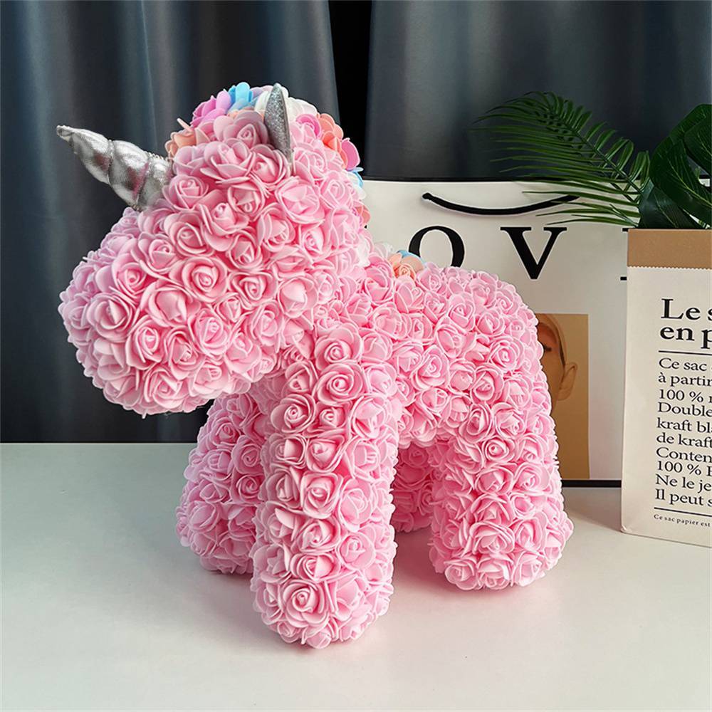 Detail of unicorn horn and floral arrangement on Rose Flower Unicorn – handcrafted PE foam romantic ornament