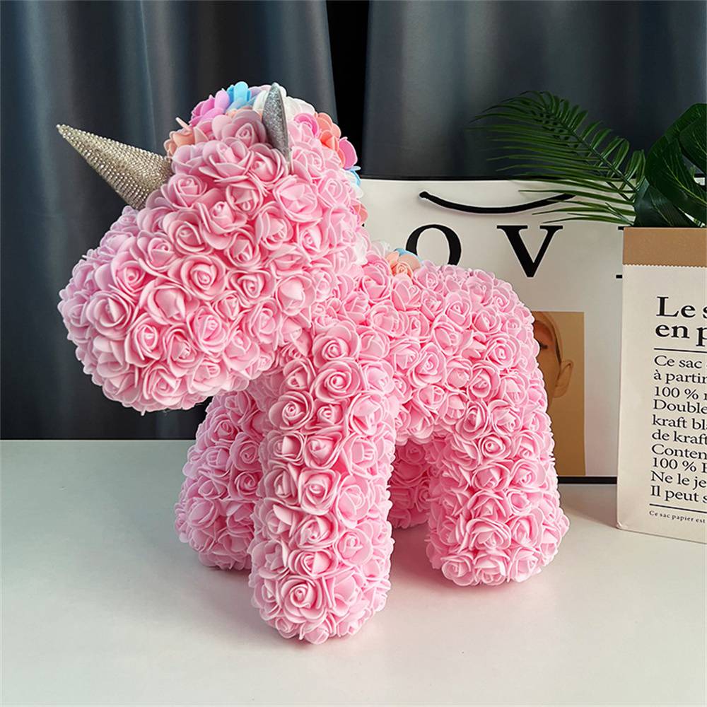 Top view of Rose Flower Unicorn showing rose‑petal formation – artisan handmade foam gift for women