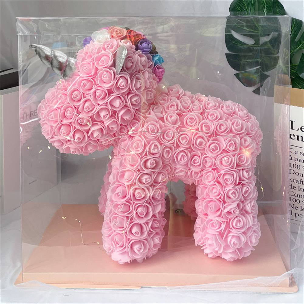 Large Rose Flower Unicorn display – PE foam rose petals shaped into whimsical unicorn, ideal Valentine's Day gift