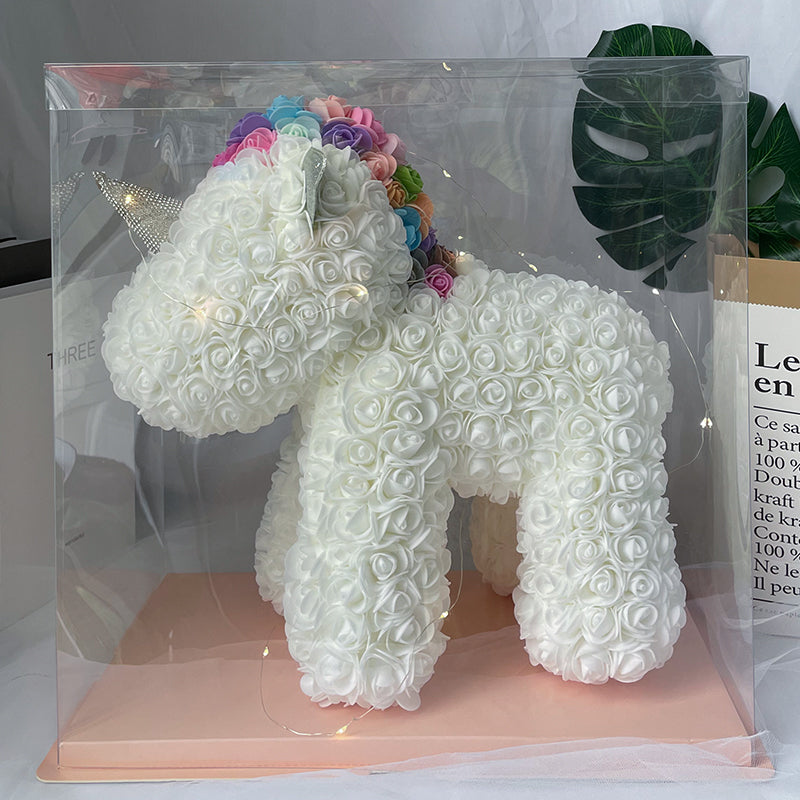 Romantic styling with Rose Flower Unicorn centrepiece – handmade foam floral unicorn for special occasions