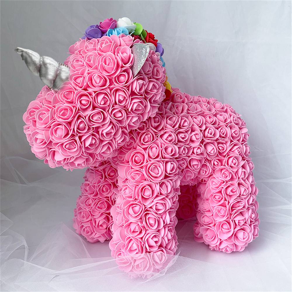 Rose Flower Unicorn displayed on a table – charming handmade PE foam ornament for home and gifting