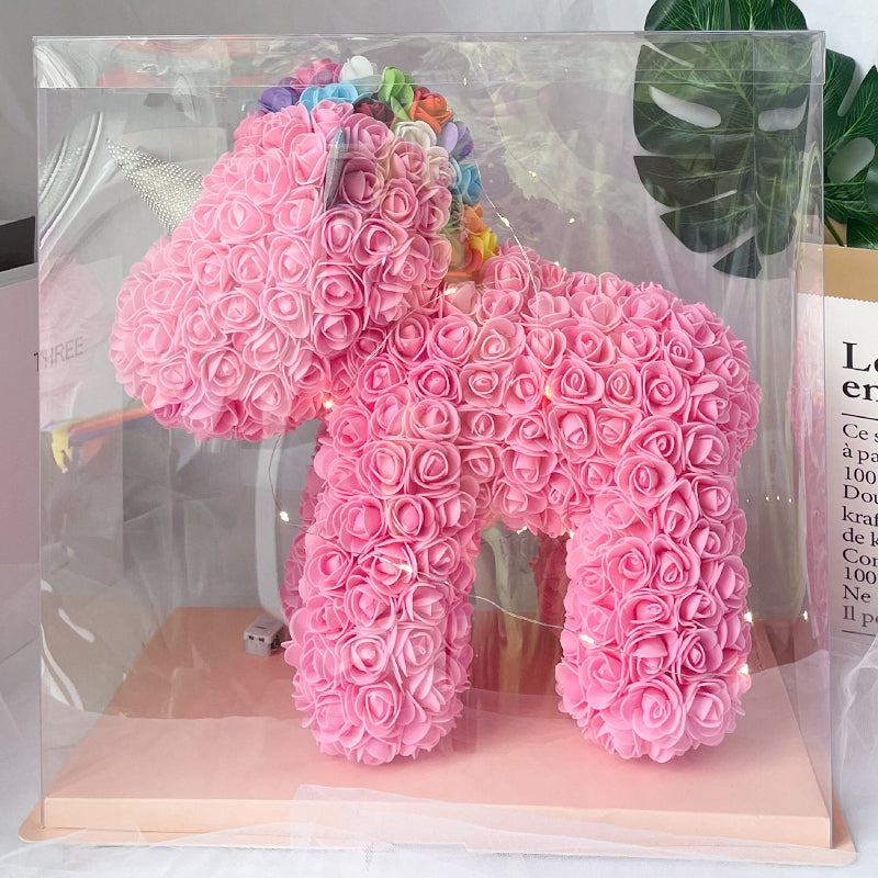 Detailed facial features and floral eye on Rose Flower Unicorn – handcrafted PE foam romantic ornament