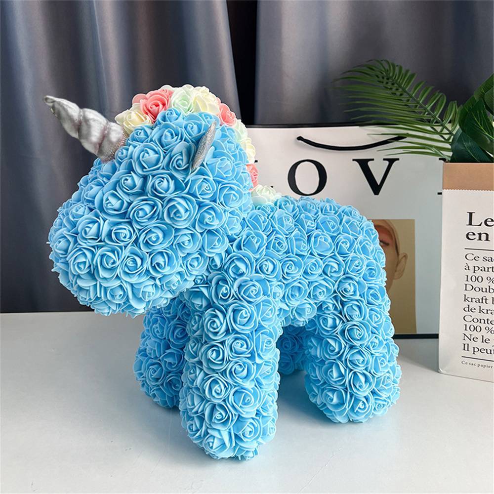 Two sizes of Rose Flower Unicorn side by side – small and large handmade PE foam options for different spaces