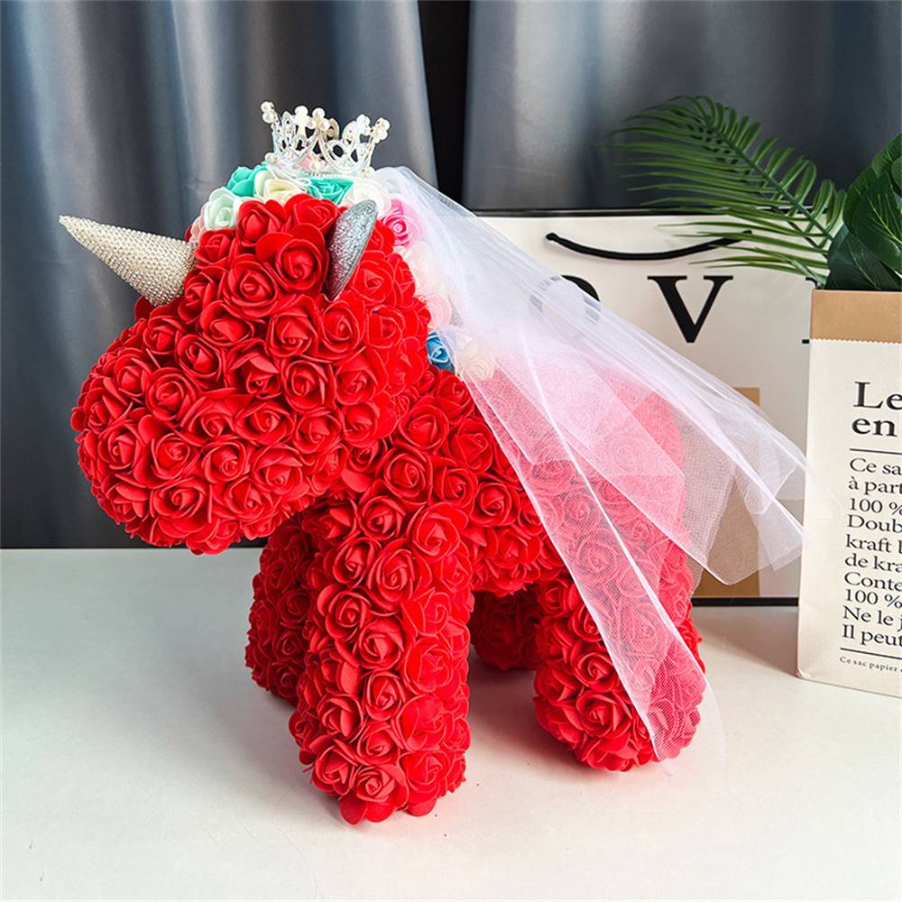 Side‑by‑side display of Rose Flower Unicorn colourways – handcrafted foam rose unicorn styles for celebrations