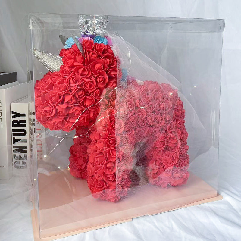 Styled gift scene with Rose Flower Unicorn and elegant box – Valentine's Day present idea for girlfriend