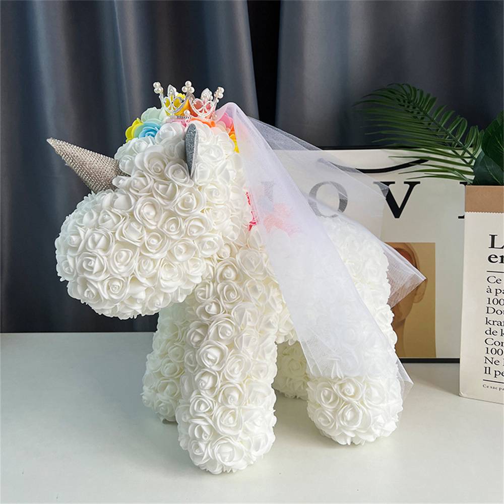 Overhead shot showing symmetrical rose pattern on Rose Flower Unicorn – artisan‑crafted PE foam floral arrangement