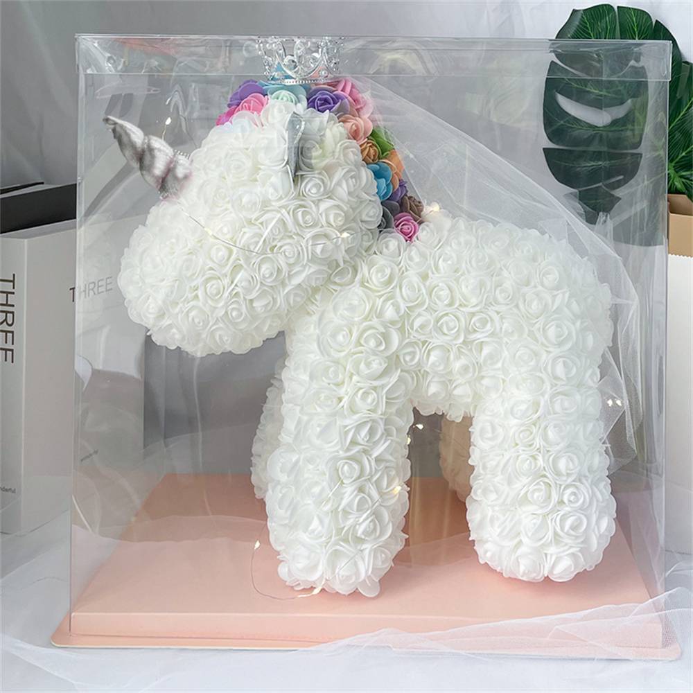 Close-up of horn embellishment and floral accents on Rose Flower Unicorn – romantic finishing touches on handmade keepsake