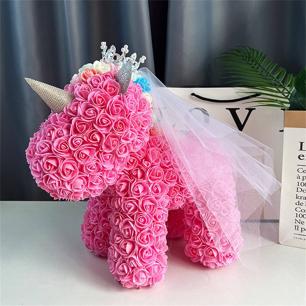 Close view of attached ribbon and bow on Rose Flower Unicorn – gift‑ready handmade foam ornament for Mother's Day