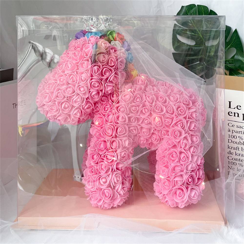 Front portrait of Rose Flower Unicorn with lush rose mane – handcrafted romantic ornament for special occasions