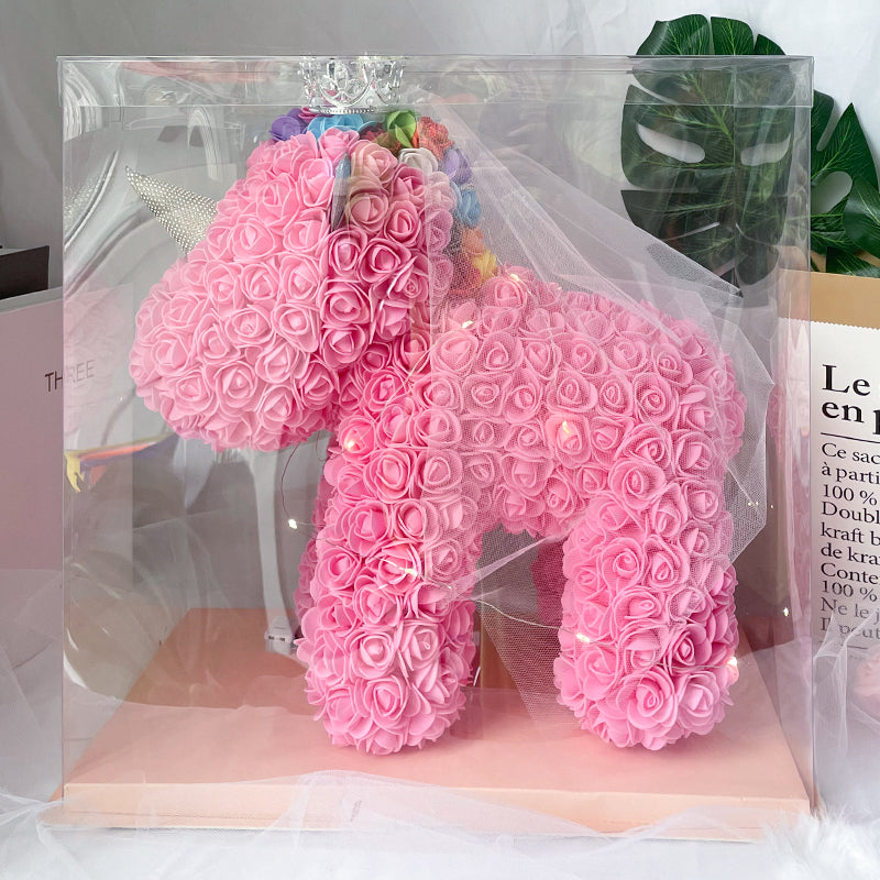 Studio shot highlighting colour and texture of PE foam roses on Rose Flower Unicorn – premium handmade gift image