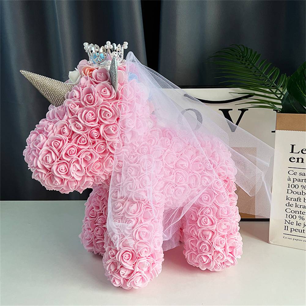 Artisan crafting glimpse showing assembly of PE foam roses into unicorn form – handmade Rose Flower Unicorn process