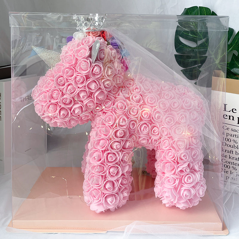 Decorative scene with fairy lights and Rose Flower Unicorn – romantic home décor idea and Valentine's gift inspiration
