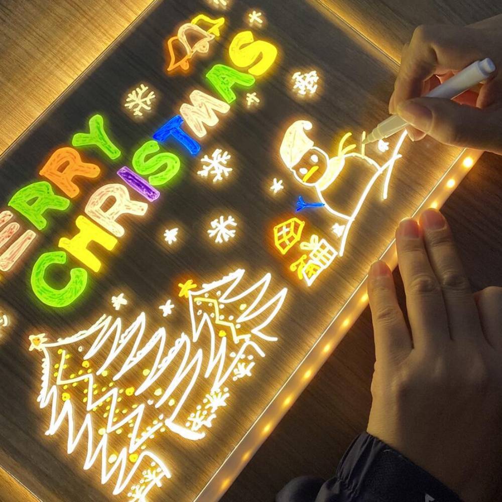 Close-up of a writable LED acrylic board illuminating colourful text.