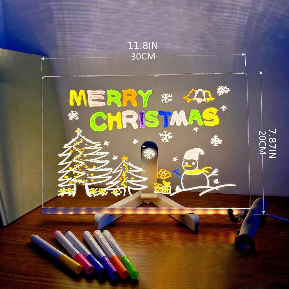 Multicolour glow on a clear acrylic LED memo board.